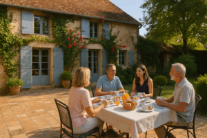 Gasten ontbijten op het terras van een Franse chambre d’hôtes in de zon bij een oude boerderij