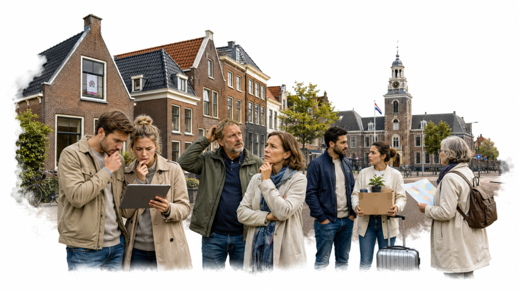 Nederlandse woonwijk met op de achtergrond een gemeentehuis en bezorgde inwoners die nadenken over emigratie door migratie-onrust en woningnood.